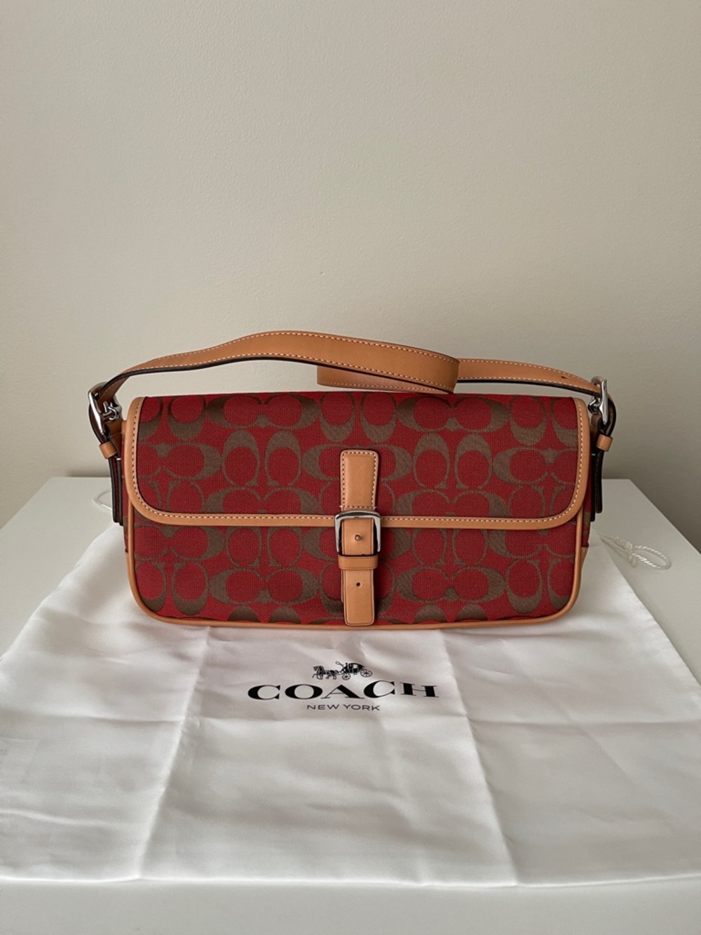 NWOT...Coach Red Signature Canvas Shoulder Bag with Tan Leather Trim